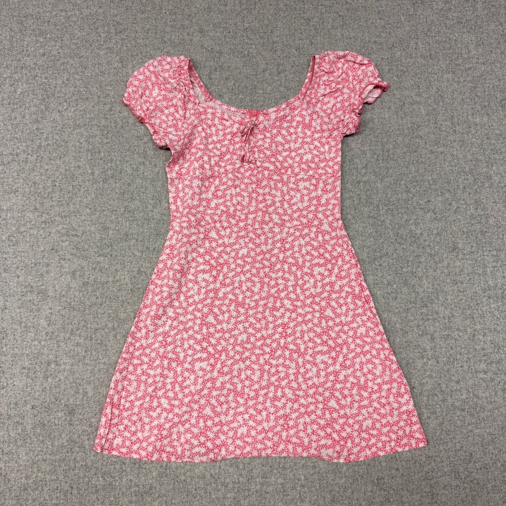 Art Class | Floral Puff Sleeve Dress | M 7/8 | Pink White | Rayon Tie Neck Zip